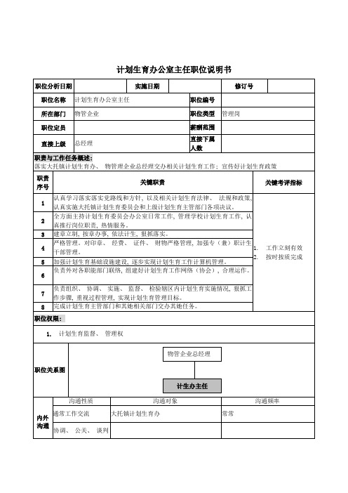 物管行业计划生育办公室主任岗位说明书