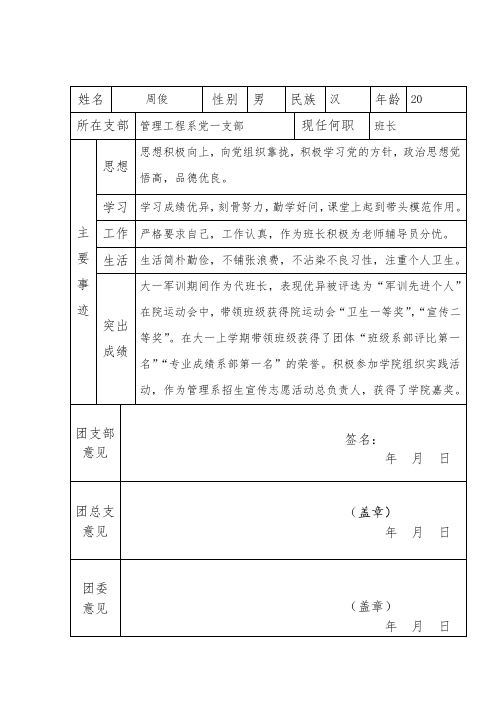 十大青春榜样人物申请报名表