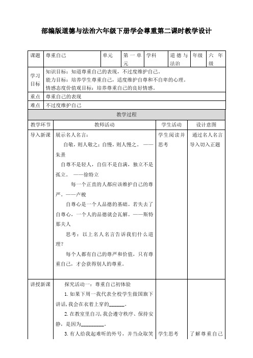 部编版小学道德与法治六年级下册第1课《学会尊重》第二课时《尊重自己》教学设计