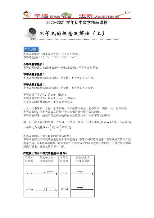 2020-2021学年初中数学精品课程：第12讲-不等式的概念及解法(上)