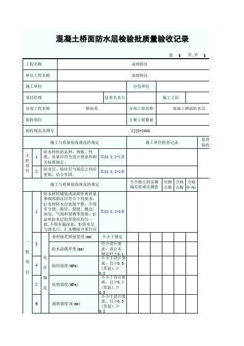 混凝土桥面防水层检验批质量验收记录