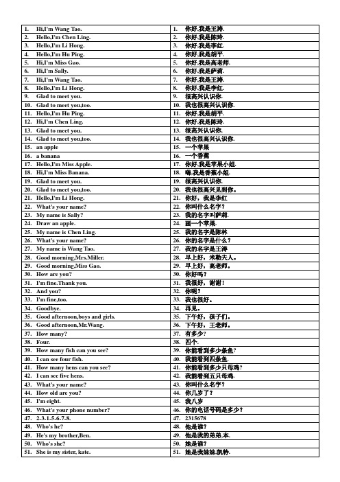 闽教版小学英语第一册(三年级上册用)课文英汉互译