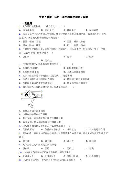 生物人教版七年级下册生物期中试卷及答案