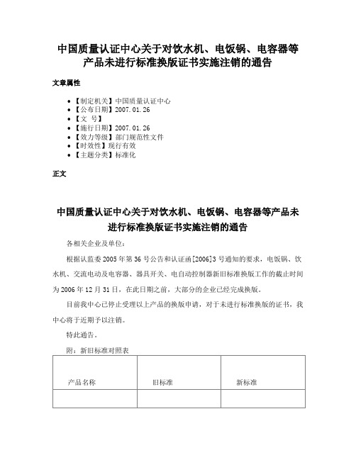 中国质量认证中心关于对饮水机、电饭锅、电容器等产品未进行标准换版证书实施注销的通告