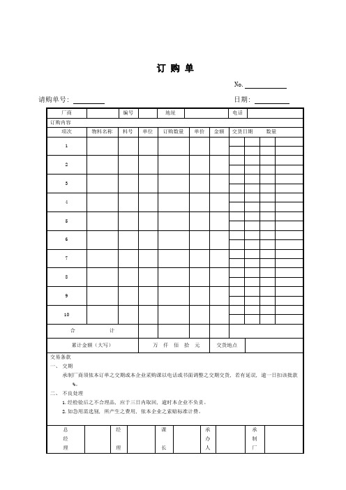 采购所需各种表格样本模板