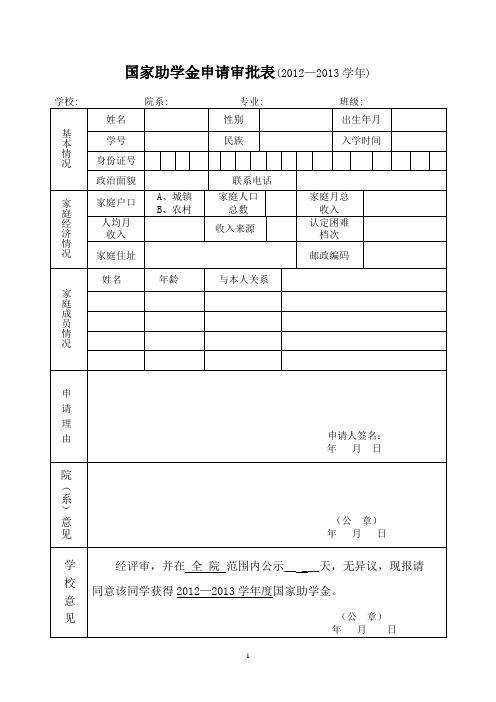 国家助学金申请审批表