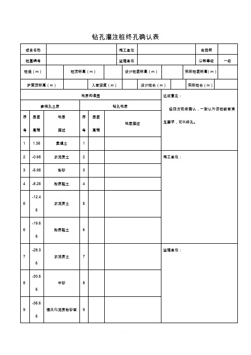 钻孔灌注桩四方终孔确认表