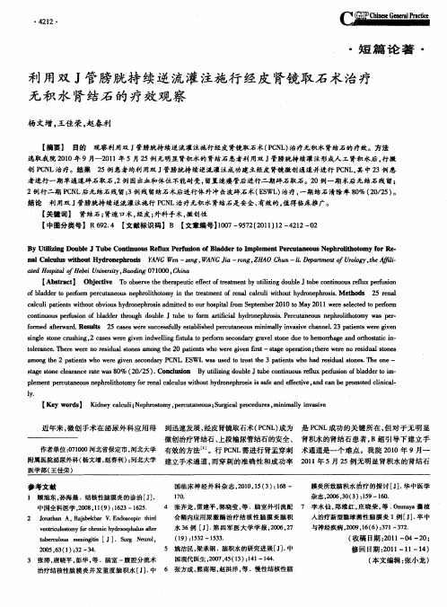 利用双J管膀胱持续逆流灌注施行经皮肾镜取石术治疗无积水肾结石的疗效观察