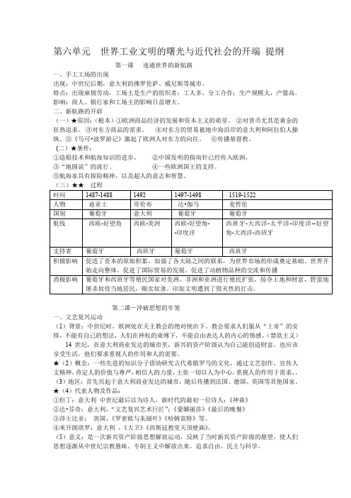 第六单元  世界工业文明的曙光与近代社会的开端 提纲