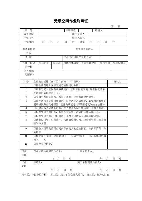 受限空间作业许可证