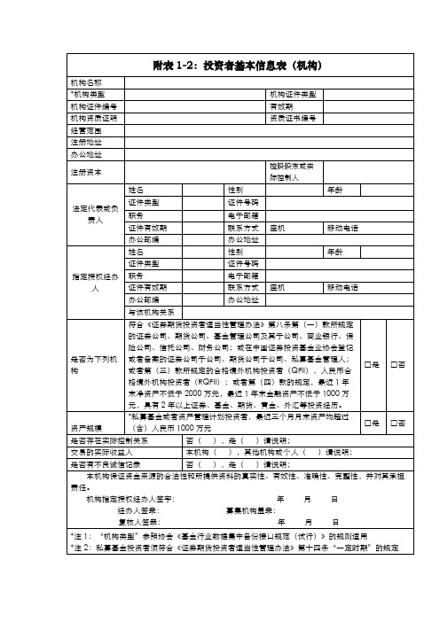 附表1-2：投资者基本信息表(机构)