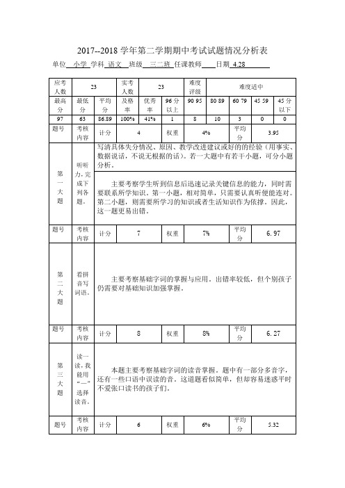 三二班语文期中考试试题情况分析表