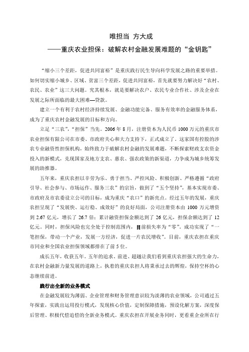 唯担当方大成——重庆农业担保：破解农村金融发展难题的“金钥匙”.doc