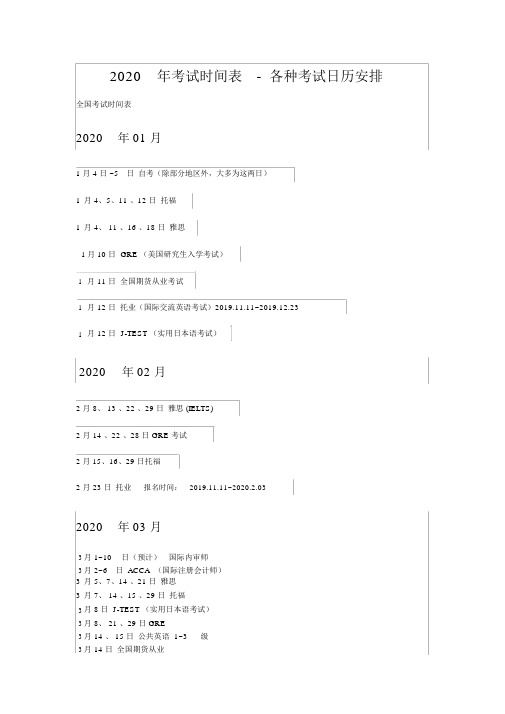 2020年考试时间表-各种考试日历安排