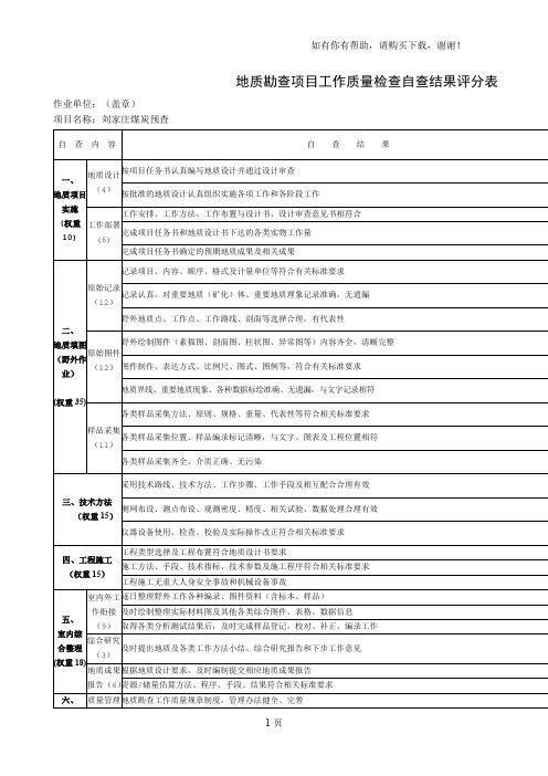 地质勘查项目工作质量检查自查结果评分表