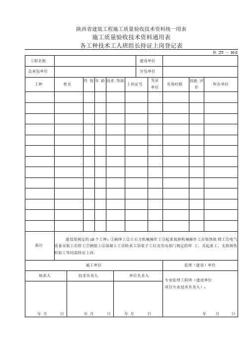 各工种技术工人班组长持证上岗登记表