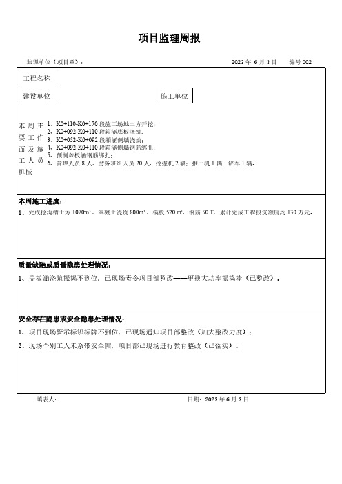 道路工程建设项目监理周报