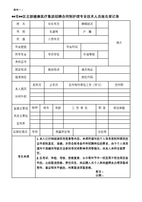 苏州市吴江区北部健康医疗集团招聘合同制护理专业技术人员报名登记表【模板】