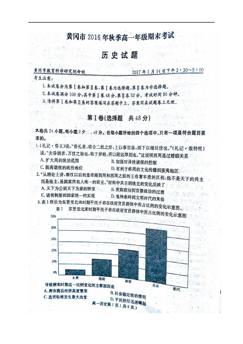 湖北省黄冈市高一历史上学期期末考试试题(扫描版)