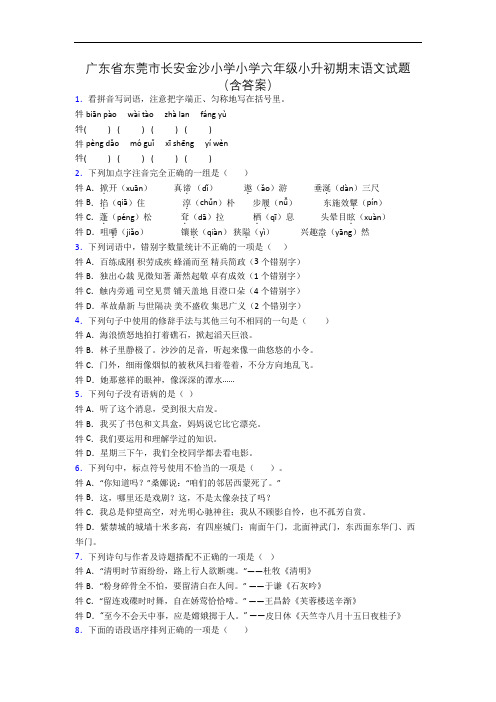 广东省东莞市长安金沙小学小学六年级小升初期末语文试题(含答案)