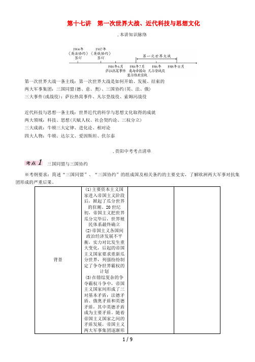 贵阳专版中考历史总复习第一编教材知识速查篇第十七单元第一次世界大战近代科技与思想文化精讲