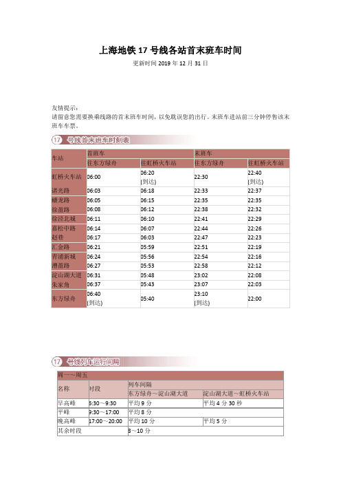 上海地铁17号线各站首末班车时间(更新时间2019年12月31日)