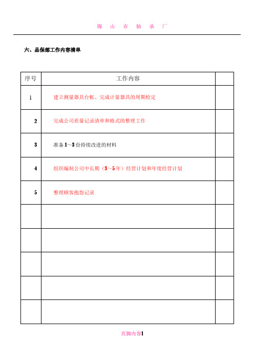 TS16949品质部品质部工作内容清单