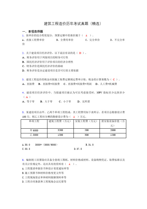 建筑工程造价历年考试真题(精选)auf