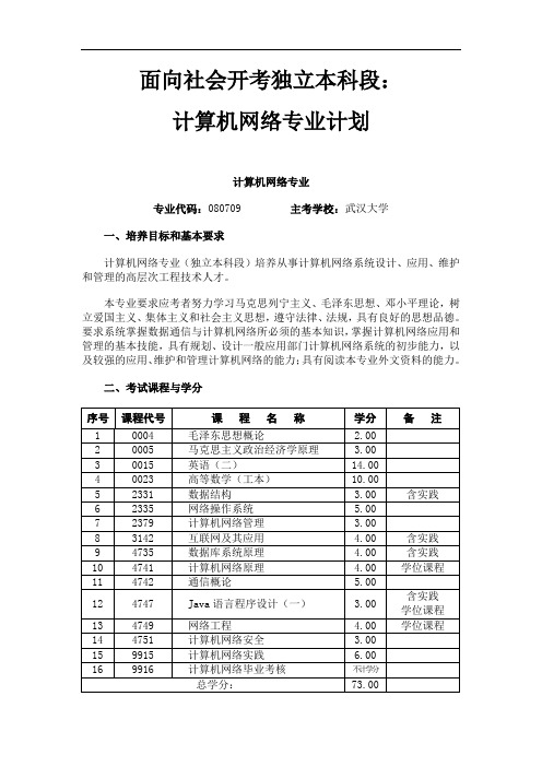 面向社会开考独立本科段计算机网络专业计划