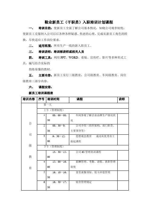 鞋业新员工(干职员)入职培训计划课程