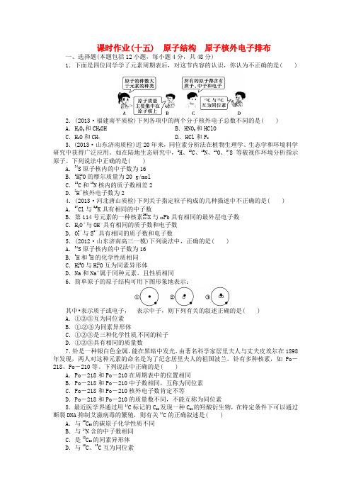 高考化学总复习 课时作业十五 原子结构 原子核外电子排布 新人教版必修2