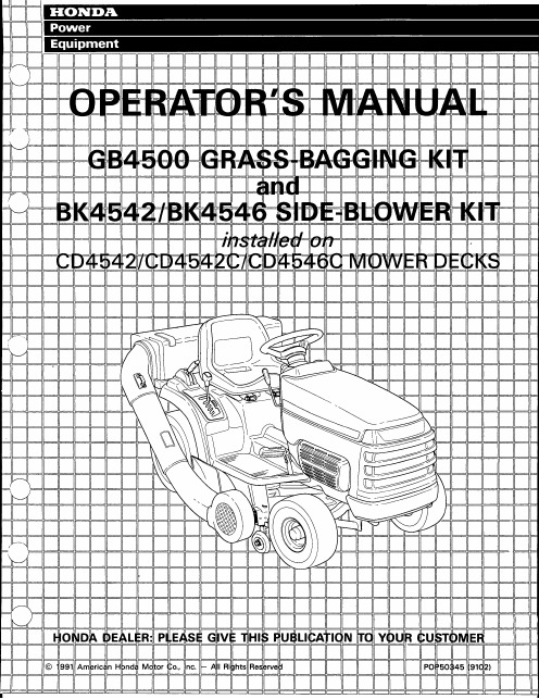 Honda GB4500草袋拾取器和BK4542或BK4546侧吹拾取器的操作手册说明书