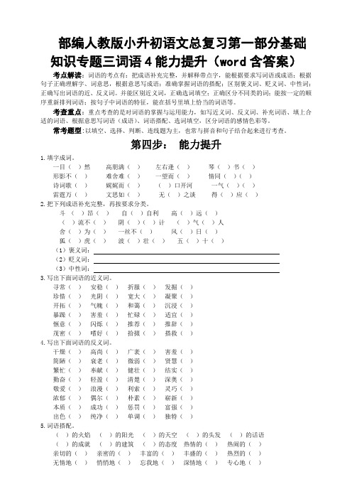 部编人教版小升初语文总复习第一部分基础知识专题三词语4能力提升(word含答案)