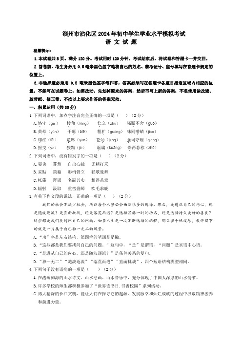 山东省滨州市沾化区2024年初中学生学业水平模拟考试语文试题(含答案)