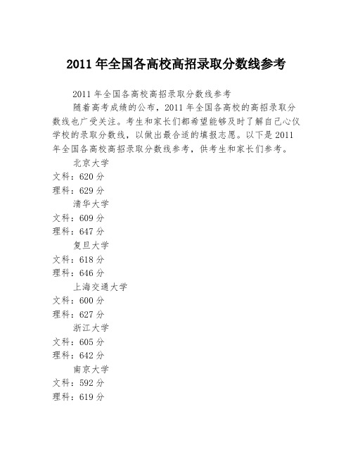 2011年全国各高校高招录取分数线参考