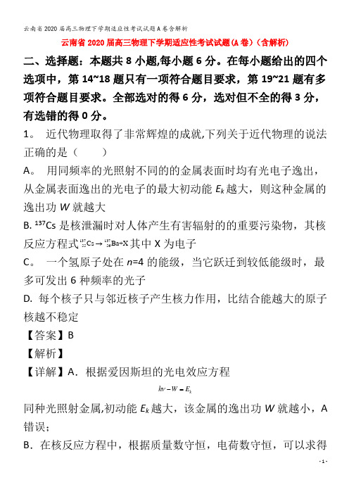 2020届高三物理下学期适应性考试试题A卷含解析