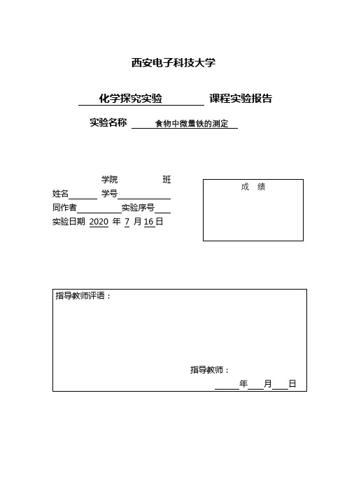 化学探究实验报告食物中微量铁的测定