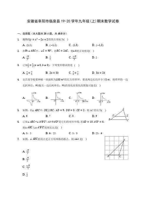 安徽省阜阳市临泉县19-20学年九年级(上)期末数学试卷 (含答案解析)