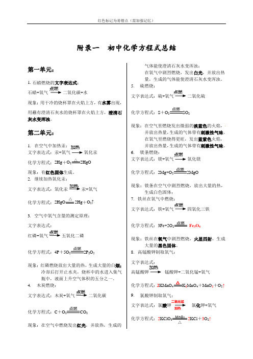 初中化学人教 化学方程式总结(包含现象等)