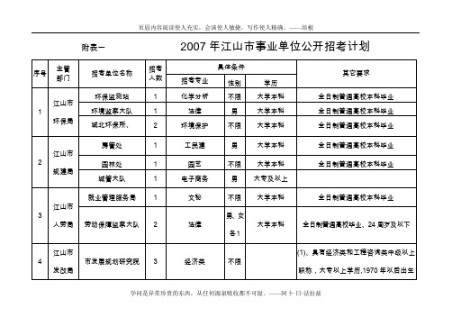 2007年江山市事业单位公开招考计划