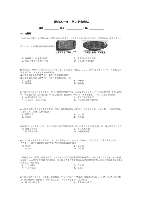 湖北高一高中历史期末考试带答案解析
