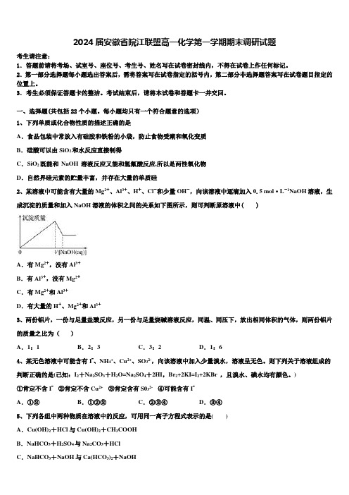 2024届安徽省皖江联盟高一化学第一学期期末调研试题含解析