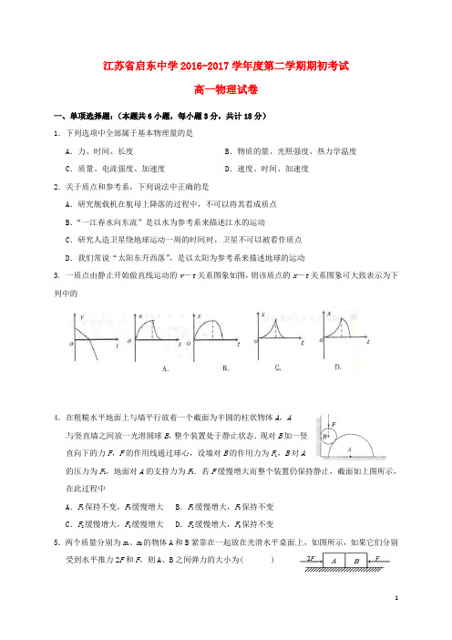 江苏省启东中学高一物理下学期期初考试试题(无答案)