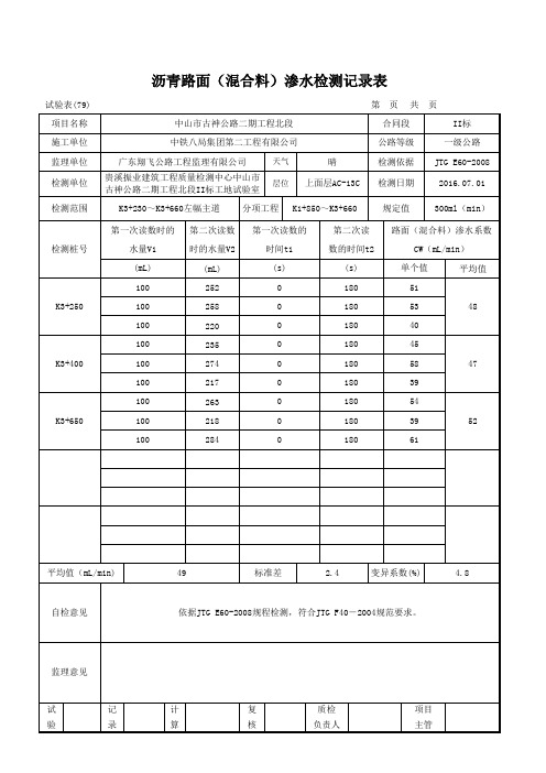 沥青路面渗水检测记录表