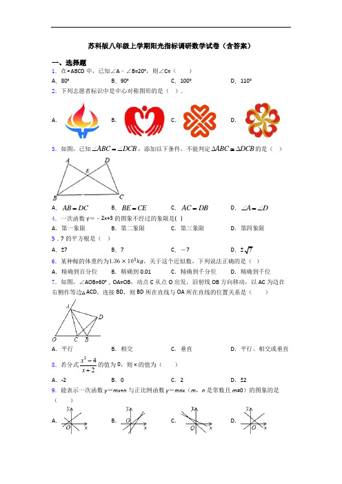 苏科版八年级上学期阳光指标调研数学试卷(含答案)