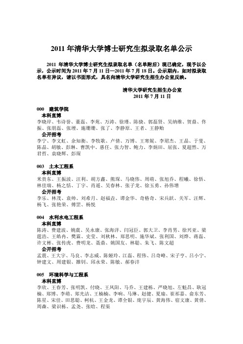 2011年清华大学博士研究生拟录取名单