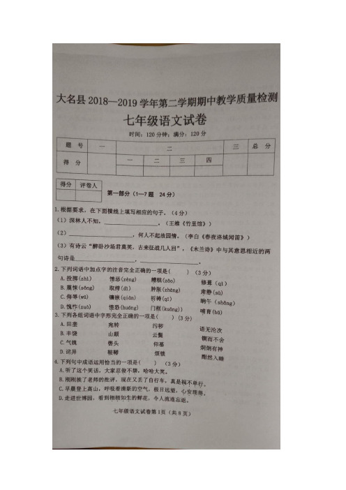 河北省大名县2018-2019第二学期期中考试七年级语文试卷(图片版含答案)