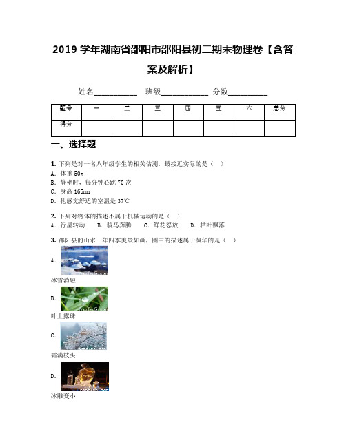 2019学年湖南省邵阳市邵阳县初二期末物理卷【含答案及解析】