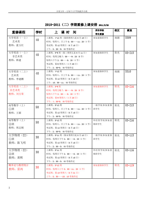 学期重修上课安排