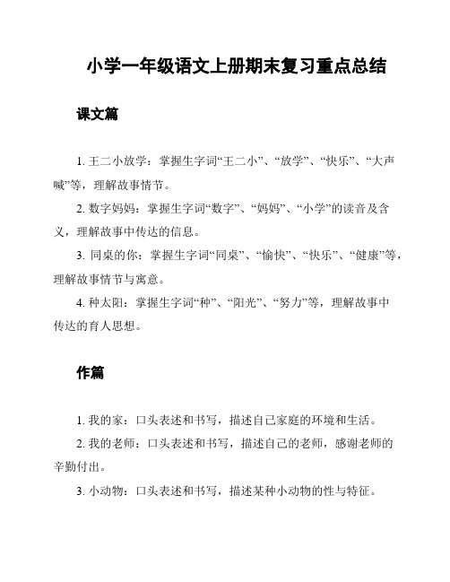 小学一年级语文上册期末复习重点总结